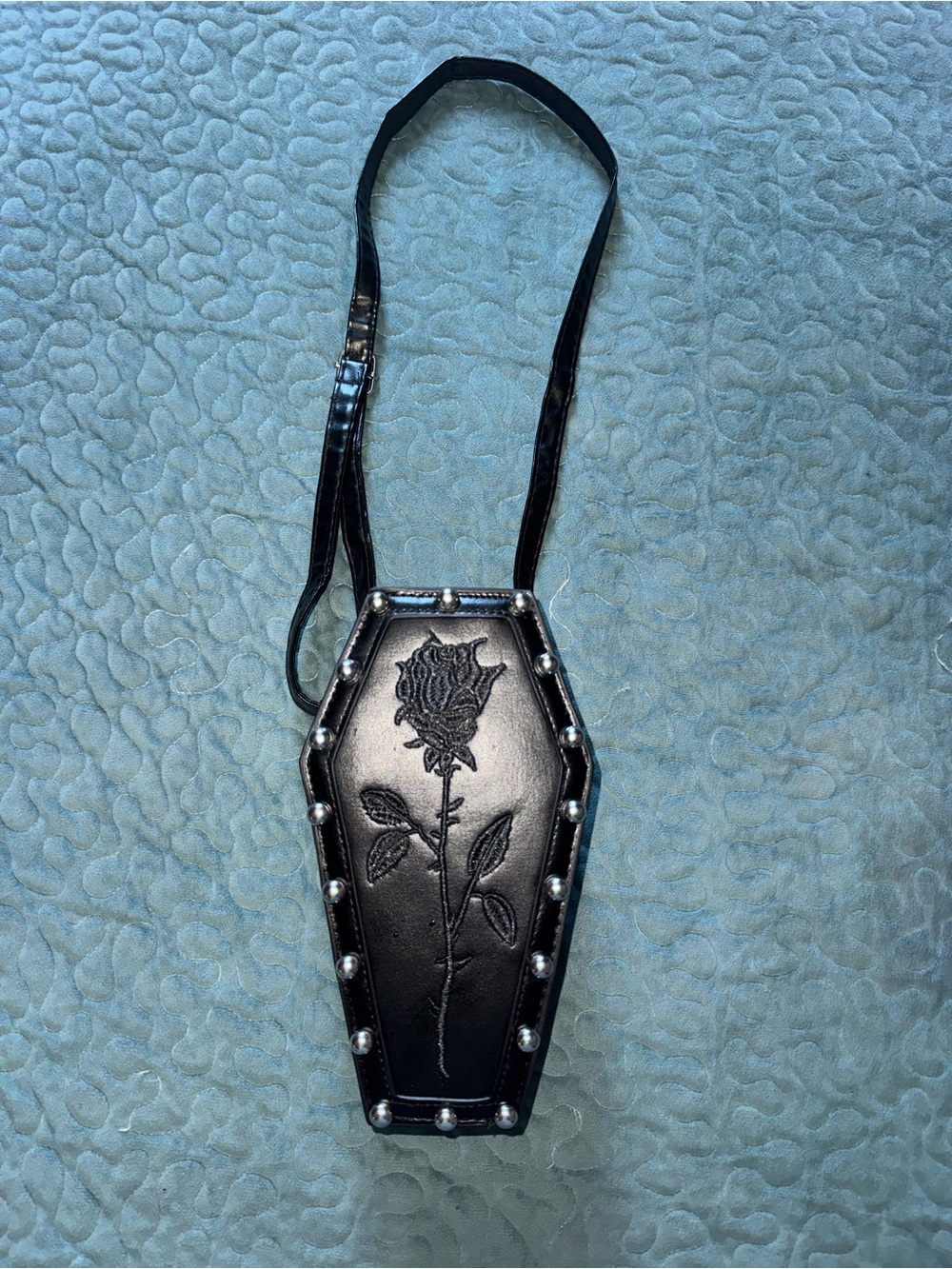 Black Coffin-Shaped Crossbody bag with Embroidered Rose & Stud Trim
